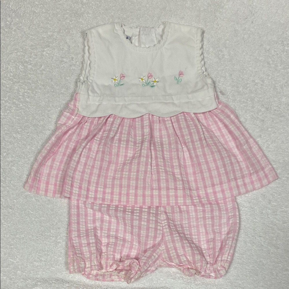 Vintage Samara Pink and White seersucker  plaid tulip summer Kids Dress Set 6/9m